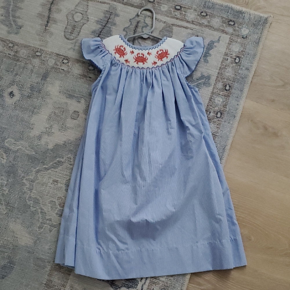 LuluBebe Girls Smocked Embroidered Crab Summer Beach Bishop Dress Sz6